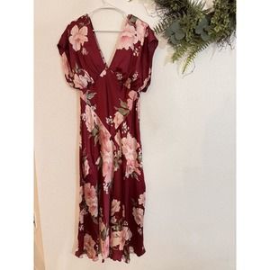 ASOS DESIGN satin batwing midi dress with slit in pink vintage floral Sz 10